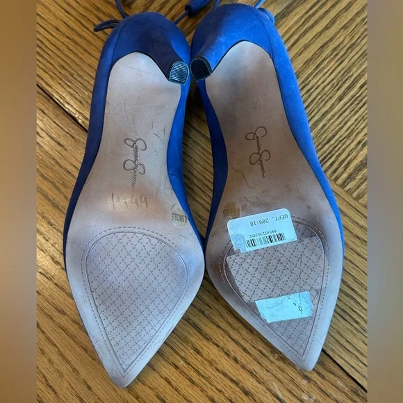 Jessica Simpson Bright Blue/Periwinkle Leather Tassel Bow 4 1/4” Heels Size 8.5 - Picture 12 of 13